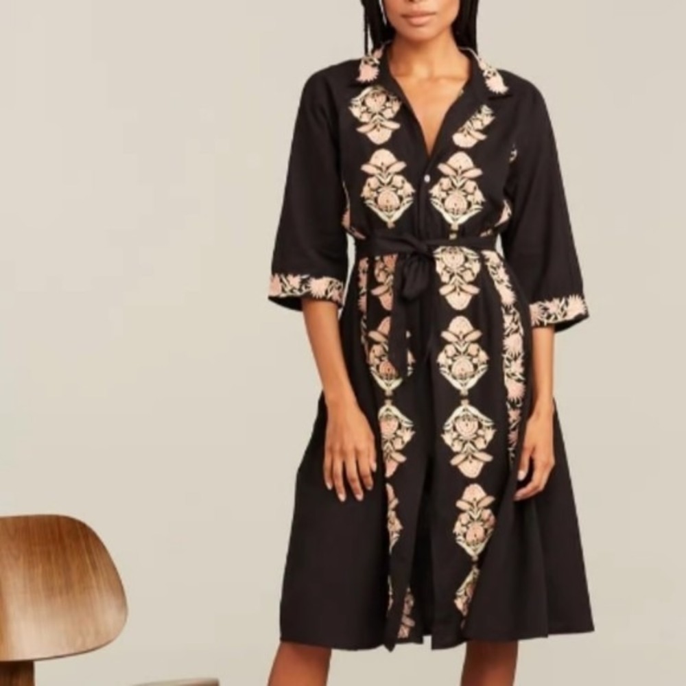 Roller‎ Rabbit Column Niana Dress Women XS Black Embroidered Boho Festival *READ